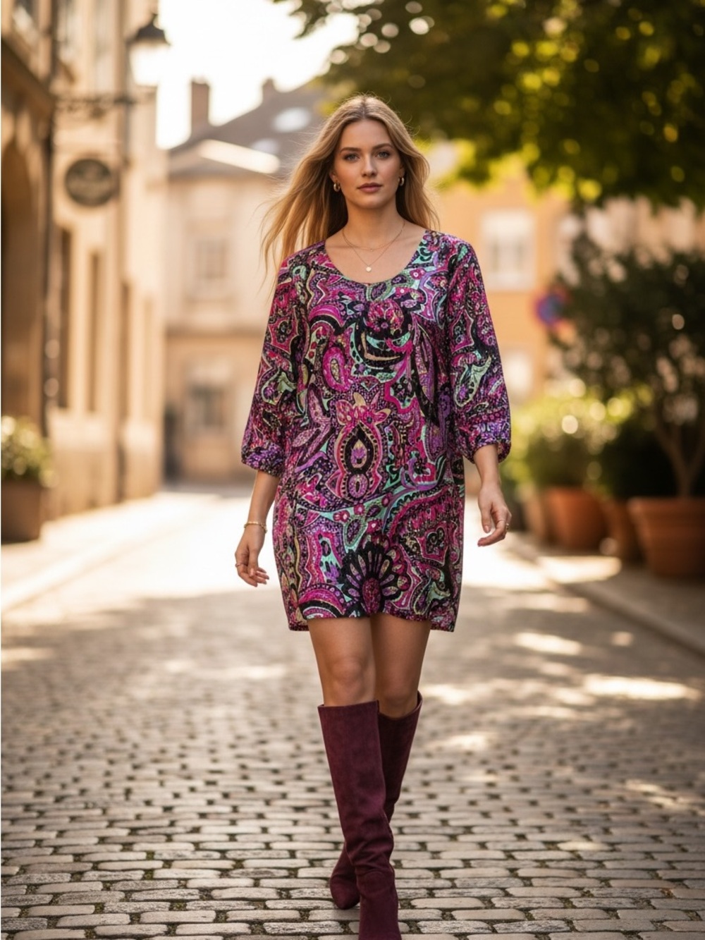 Tibi Silk Vintage Vibe Multicolor Metallic Paisley-Print 3/4 Sleeve Mini Dress
